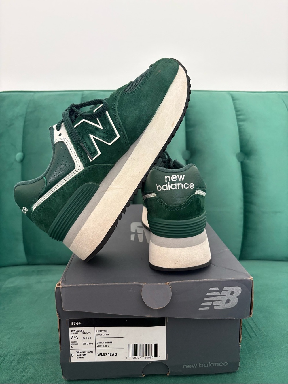 New Balance Women’s 574+ Platform Sneaker - Dark Green/White - Picture 5 of 7